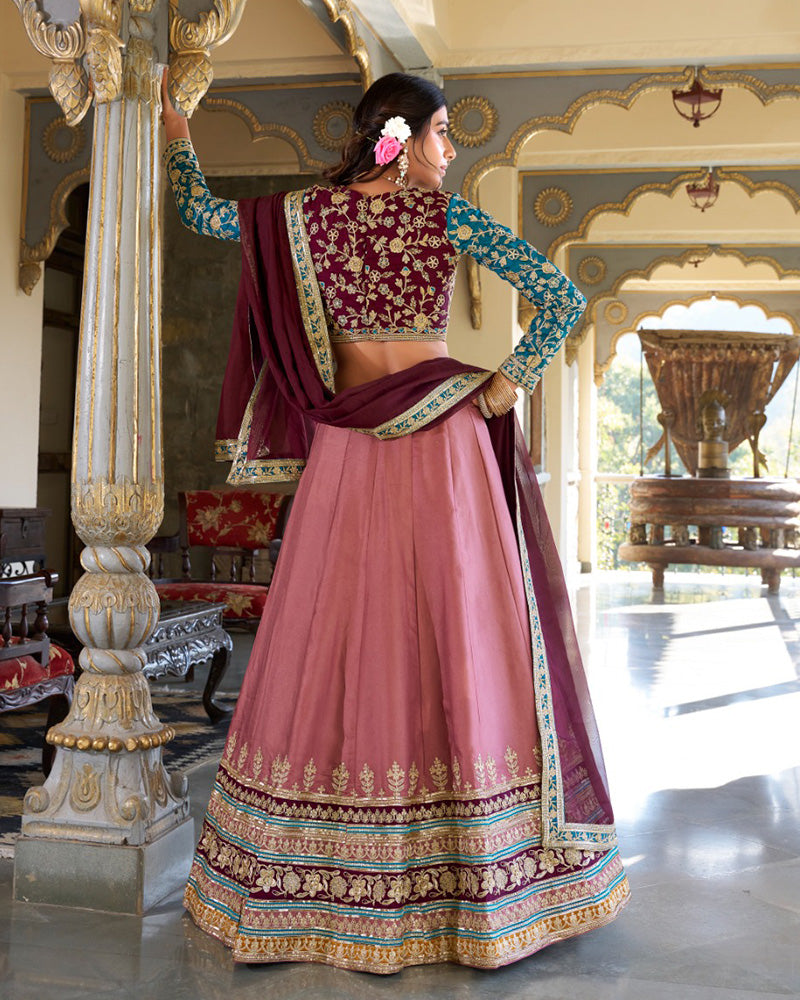 Peach Color Moonga Silk Embroidered Lehenga Choli