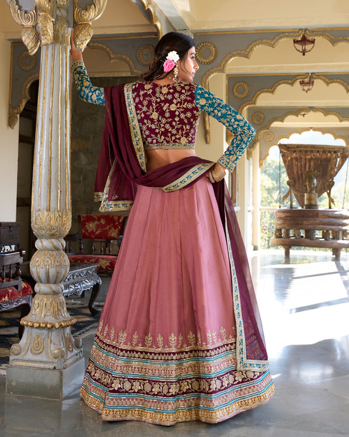 Peach Color Moonga Silk Embroidered Lehenga Choli