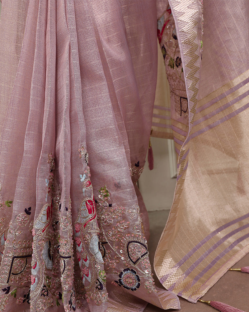Light Pink Color Embroidered Kota Tissue Saree