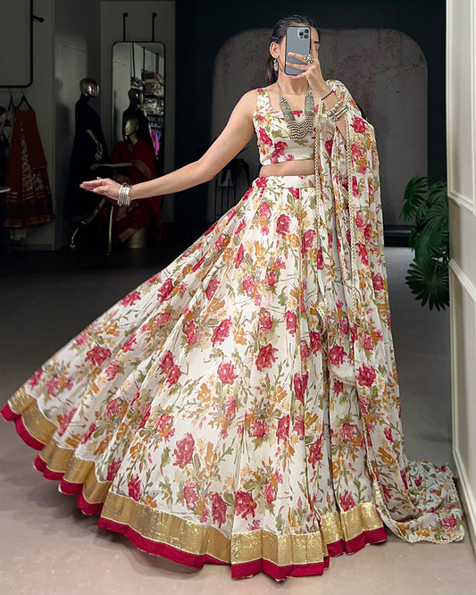 White Color Chiffon Printed Lehenga Choli