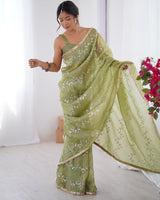 Pista Color Smooth Gold Crush Embroidered Saree