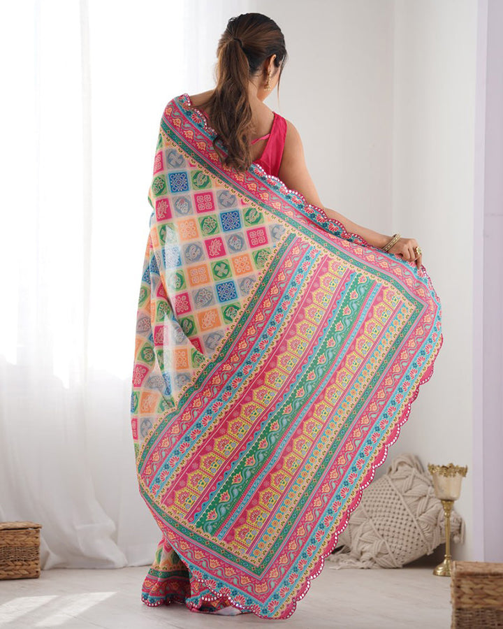 Multi Pink Color Chinnon Silk Saree