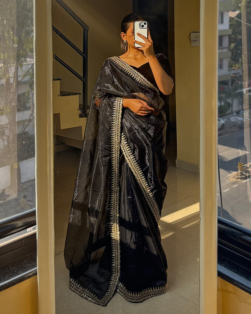 Black Color Soft Twil Net Embroidered Saree