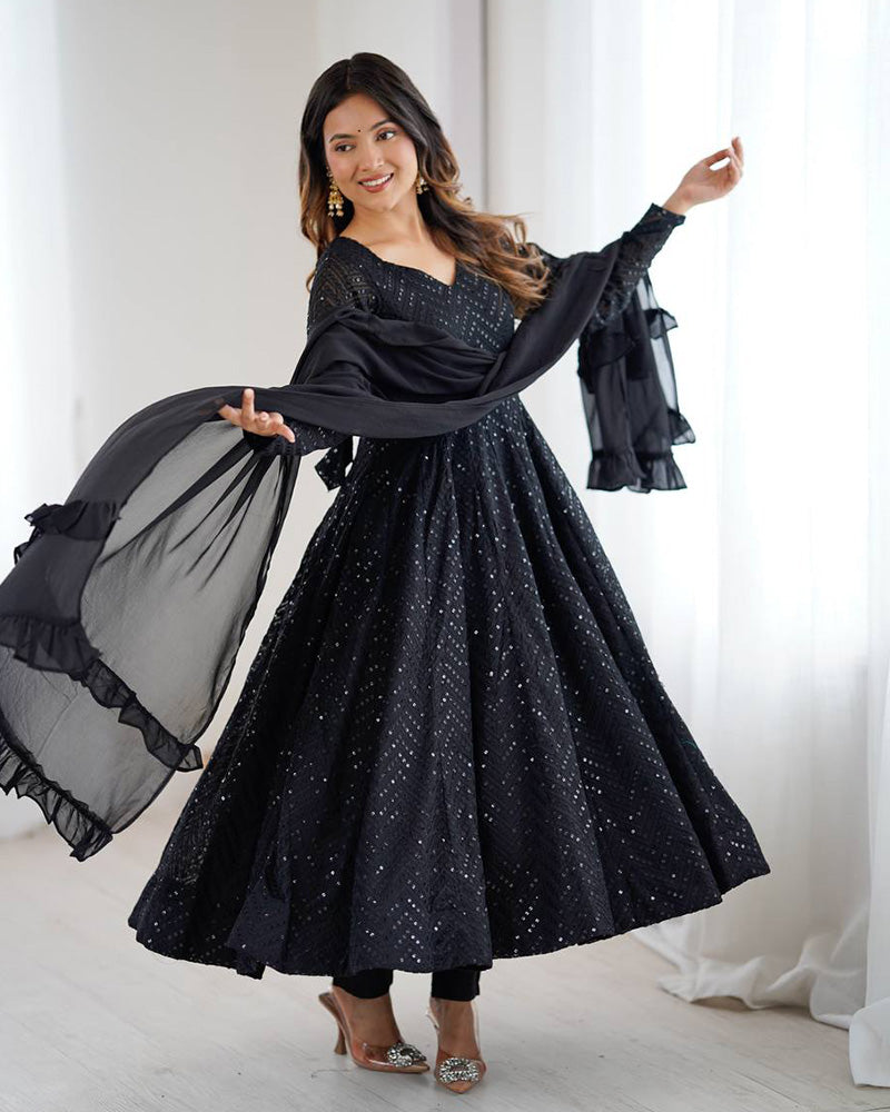 Black Color Georgette Lucknowi Three Piece Anarkali Suit