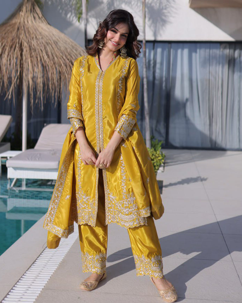 Yellow Color Ho Silk Embroidered Kurti Suit