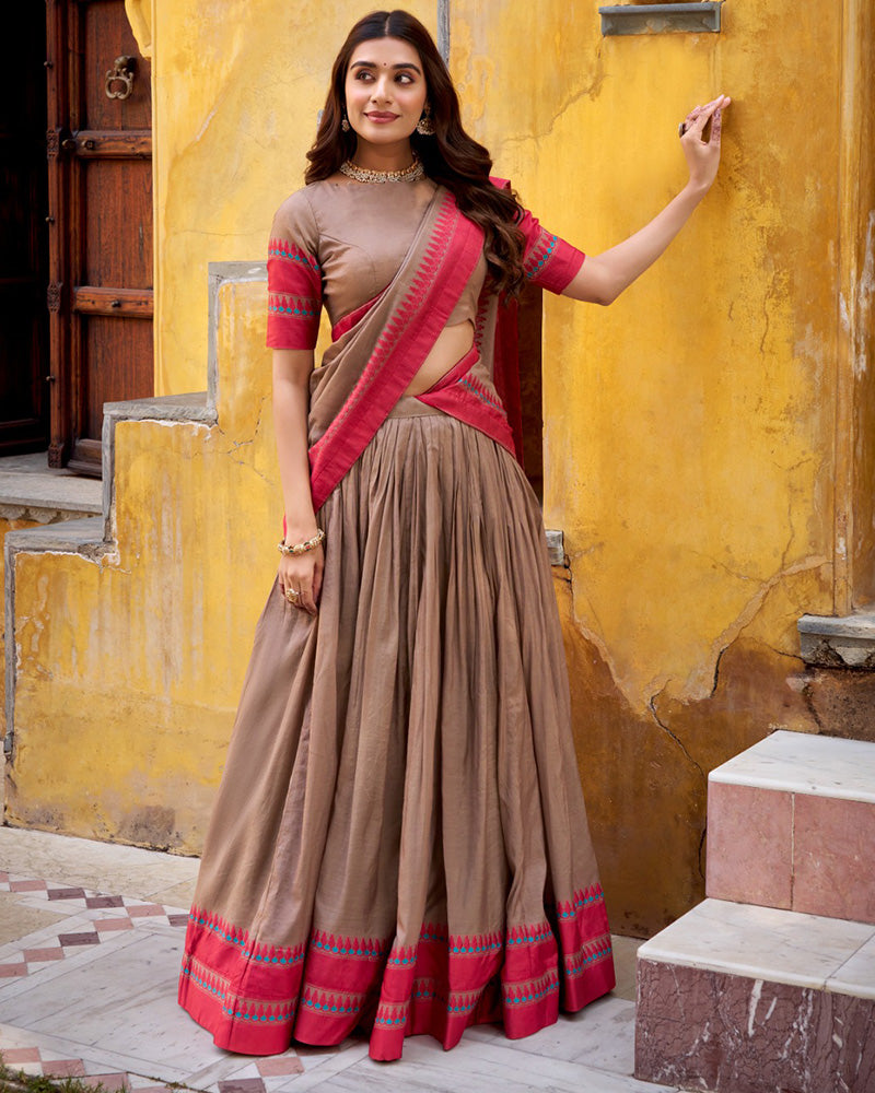 Chickoo Color Pure Chanderi Threaded Half Saree