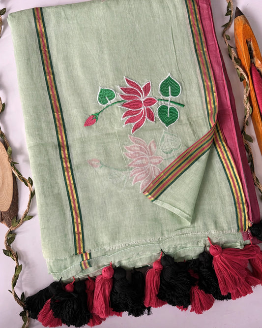 Sea Green Color Pure Mal Cotton Lotus Work Saree