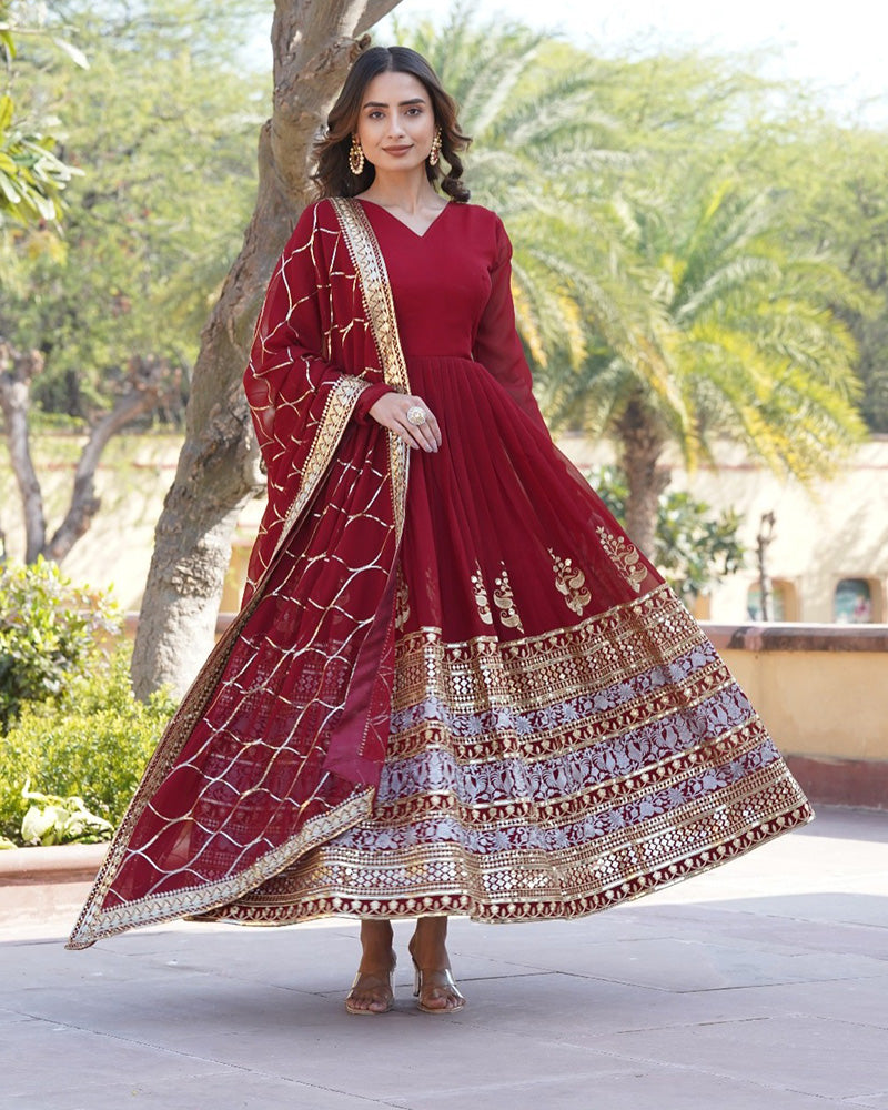New Design Maroon Color Faux Blooming Zari And Sequence Embroidered Gown