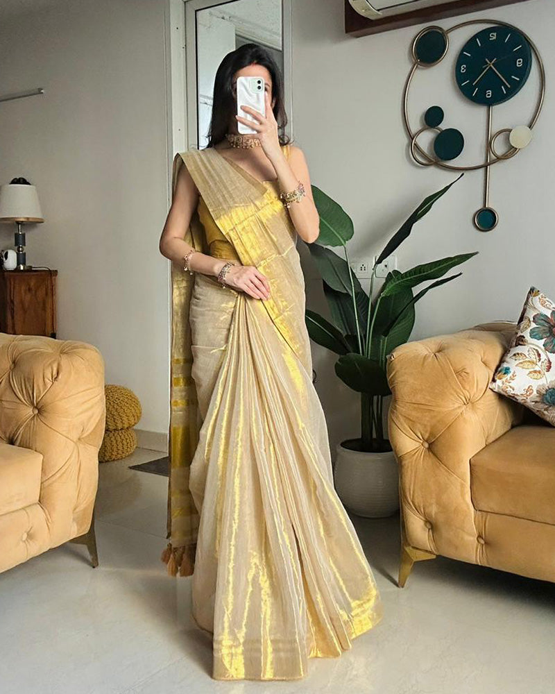 Cream Color Pure Mal Cotton Kanchipuram Saree