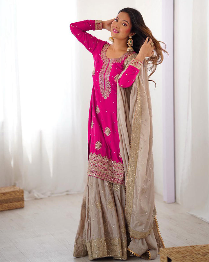 Pink Color Chinon Silk Embroidered Sharara Suit