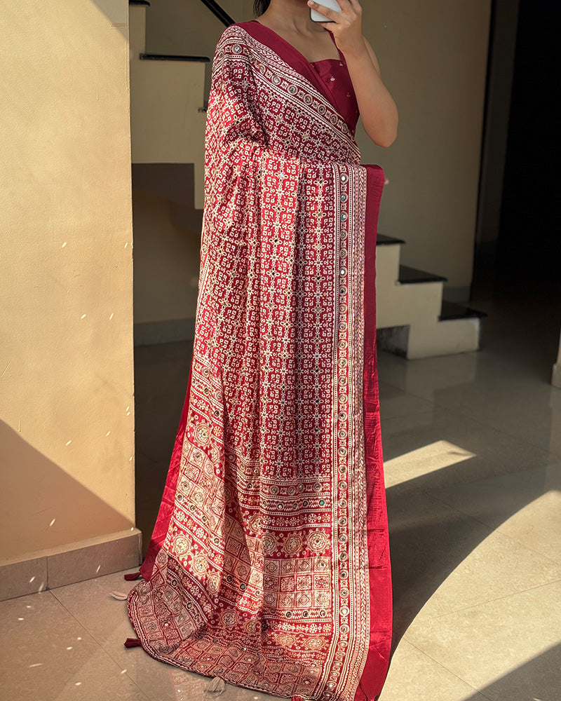 Maroon Color Pure Crape Silk Ajarakh Print Saree
