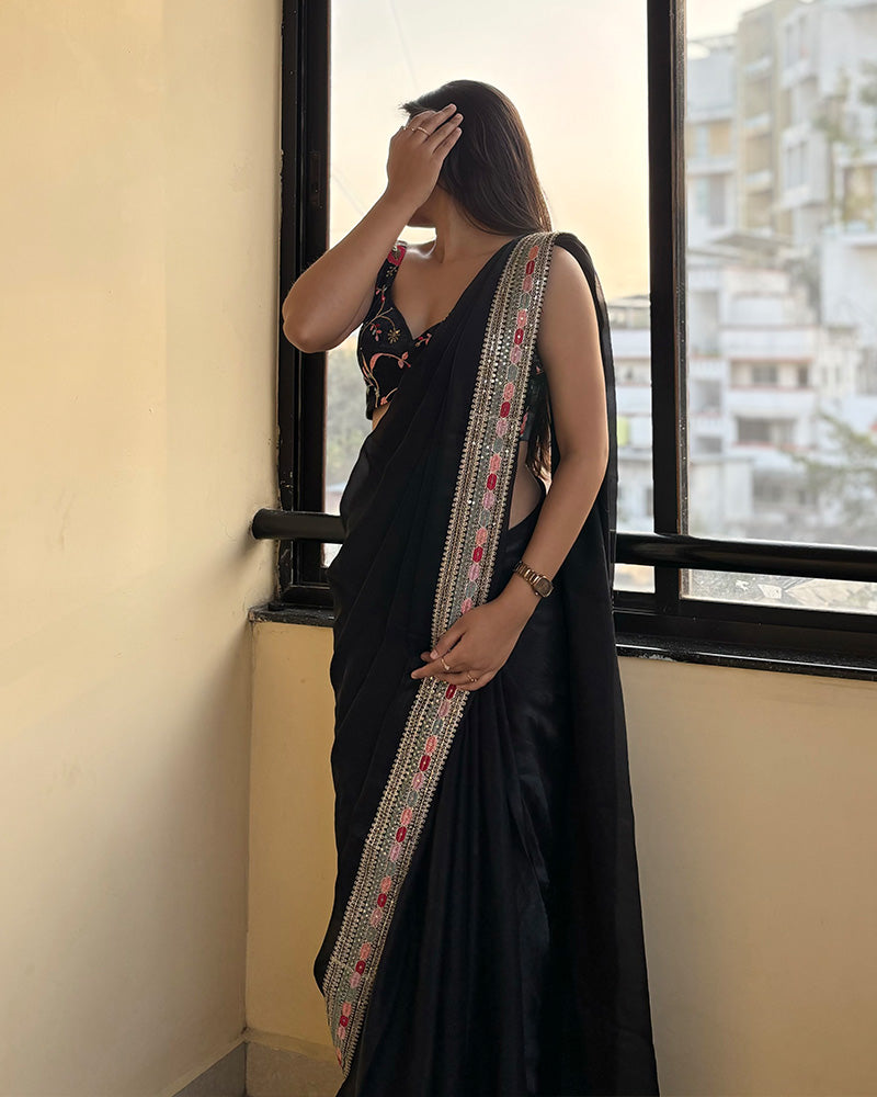Black Color Pure Space Silk Embroidered Saree