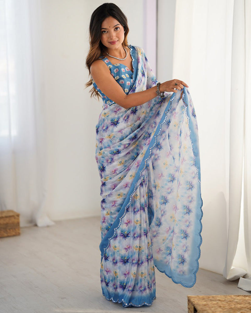 Sky White Color Chinnon Silk Digital Printed Saree