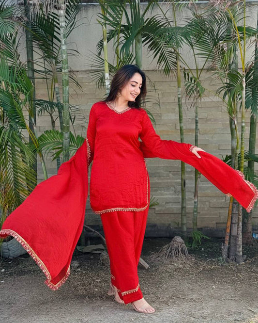 Red Color Fendi Satin Silk Kurti Suit