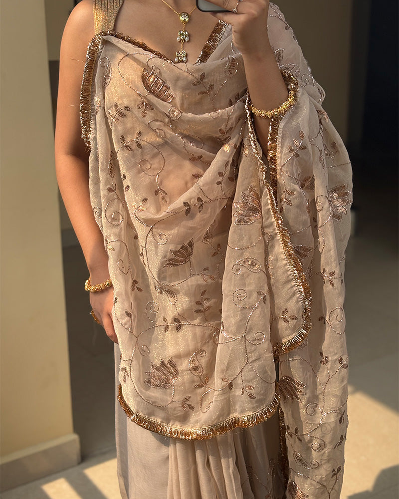 Cream Color Rose Gold Silk Beads Embroidered Saree