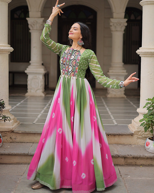 Green Color Faux Georgette Bandhej Print Navratri Gown