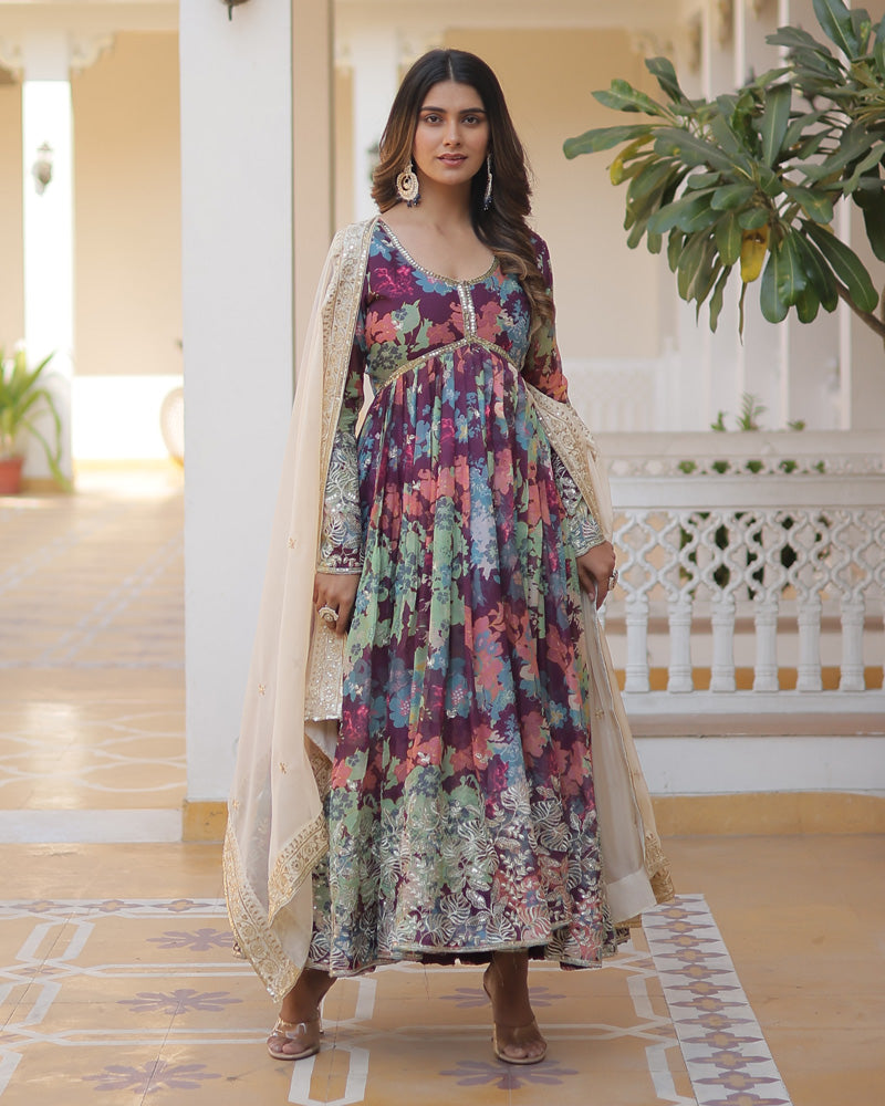 Wedding Wear Floral Embroidered Wine Color Alia Cut Gown With Dupatta