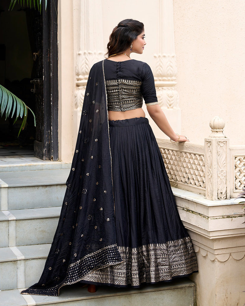 Black Color Pure Chanderi Plain Navratri Half Saree