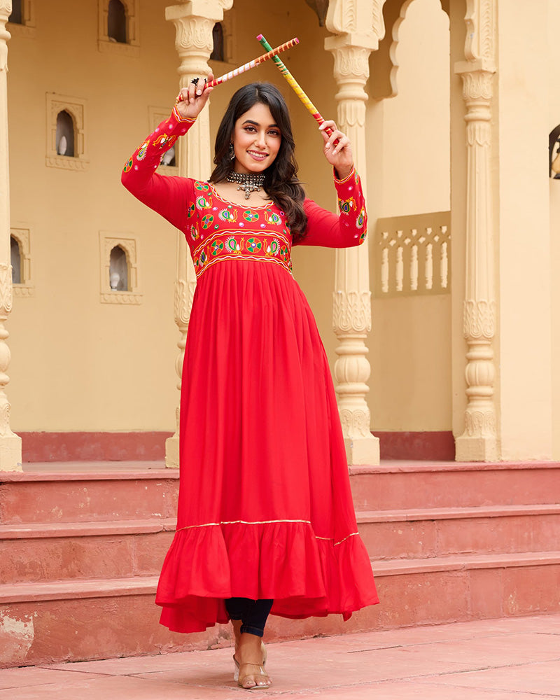 Traditional Red Pure Rayon Embroidered Navratri Kurti