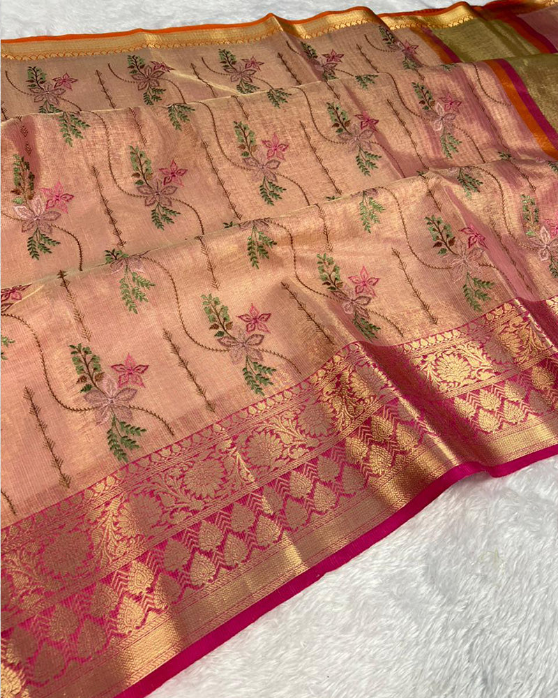 Baby Pink Color Tissue Silk Floral Embroidered Saree