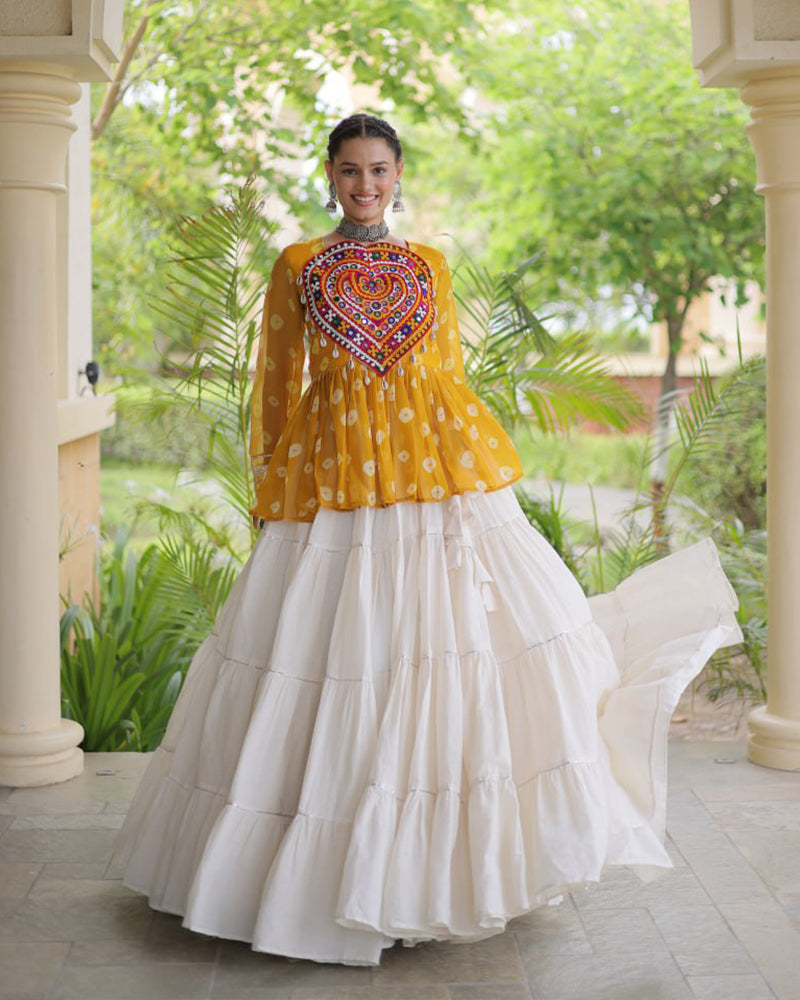 Yellow Color Bandhani Printed With Kora Cotton Navratri Lehenga Set