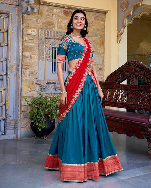 Teal Green Color Vichitra Silk Sequins Half Saree