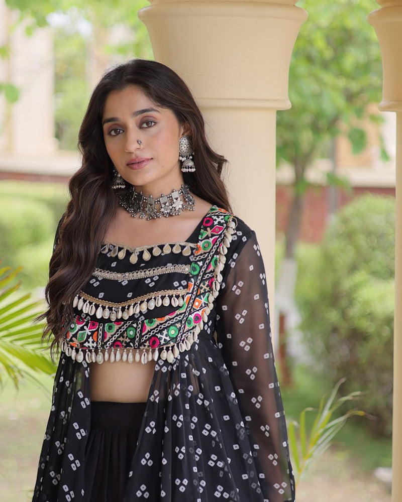Black Color Bandhani Printed Kurti With Kora Cotton Lehenga Choli