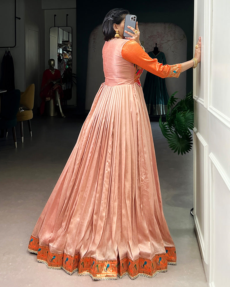 Peach Color Vichitra Silk Zari Weaving Gown