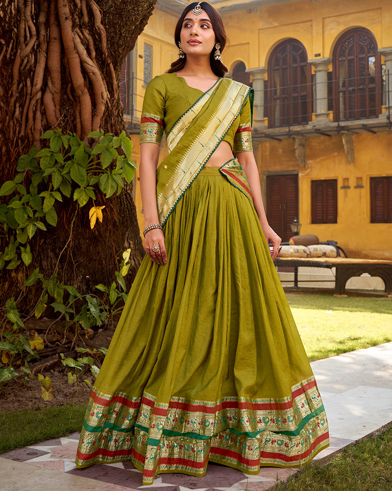 Mehndi Color Pure Nylon Chanderi Plain Half Saree