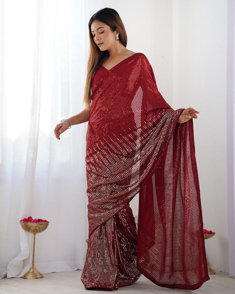 Red Color Heavy Georgette Embroidered Saree