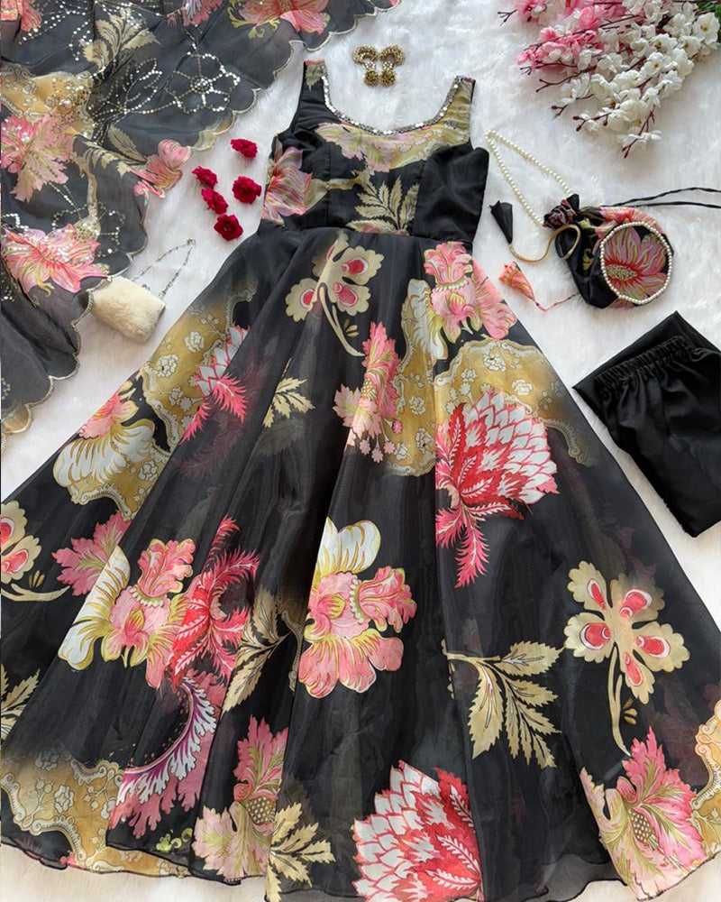 Black Color Digital Printed Soft Organza Anarkali Suit
