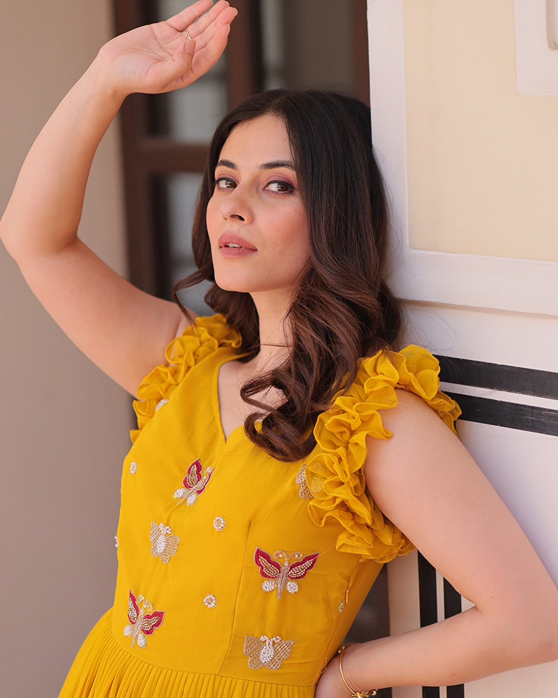 Yellow Color Faux Blooming Embroidered work Gown