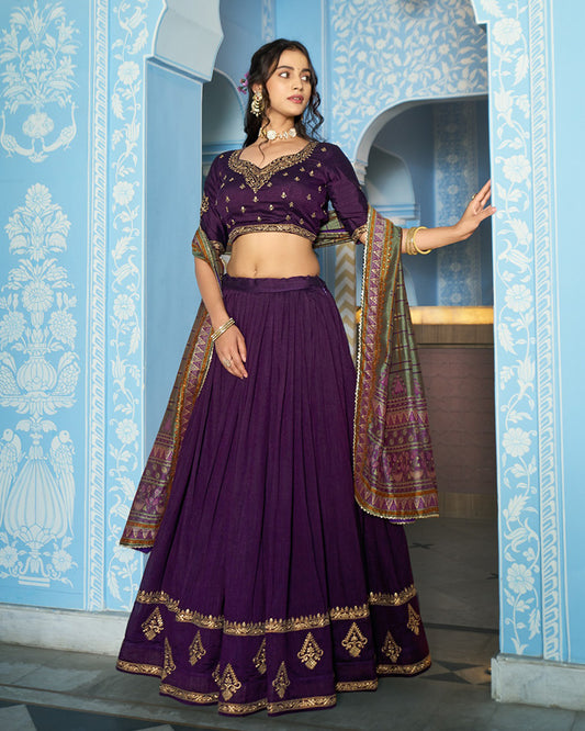 Elegant Dark Purple Embroidered Vichitra Silk Lehenga Choli