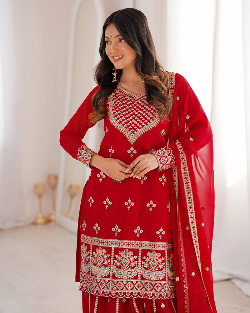Royal Red Color Faux Georgette Embroidered Plazzo Suit
