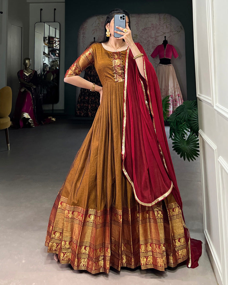 Golden Color Narayan Pet Cotton Zari Weaving Gown