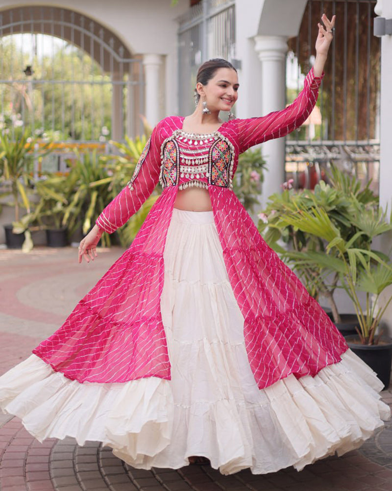 Three Color Bandhani Printed Kora Cotton Navratri Lehenga Choli