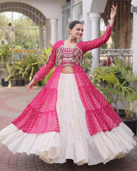 Three Color Bandhani Printed Kora Cotton Navratri Lehenga Choli