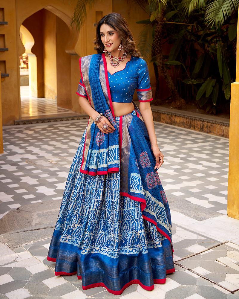 Blue Color Dola Silk Batik Printed Lehenga Choli