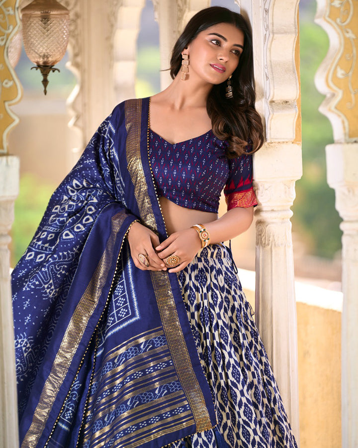 Navy Blue Color Tussar Silk Ikkat Printed Lehenga Choli