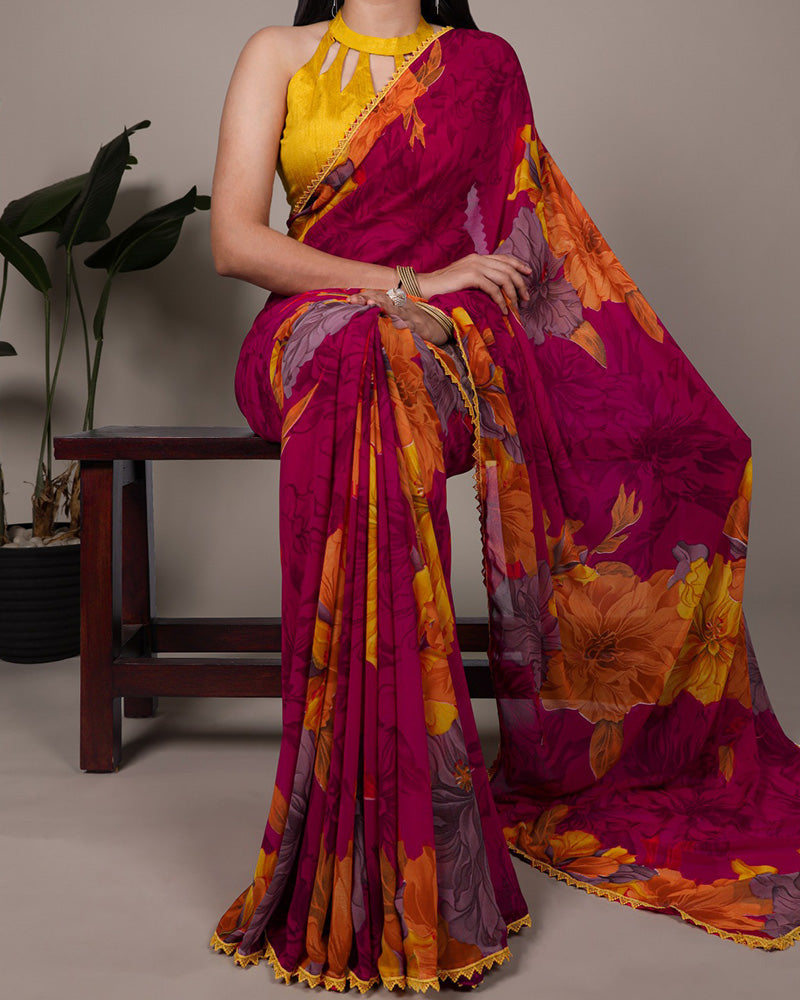 Pink Color Weightless Marble Floral Printed Saree