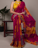 Pink Color Weightless Marble Floral Printed Saree
