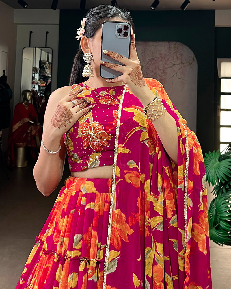 Pink Color Marble Floral Printed Lehenga Choli