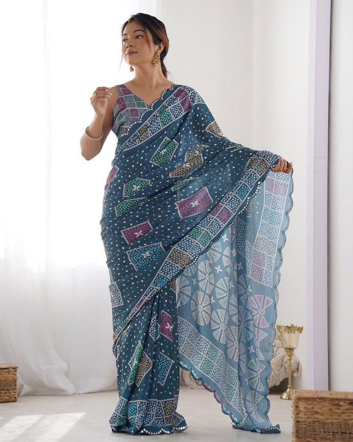 Navy Blue Color Chinnon Silk Saree