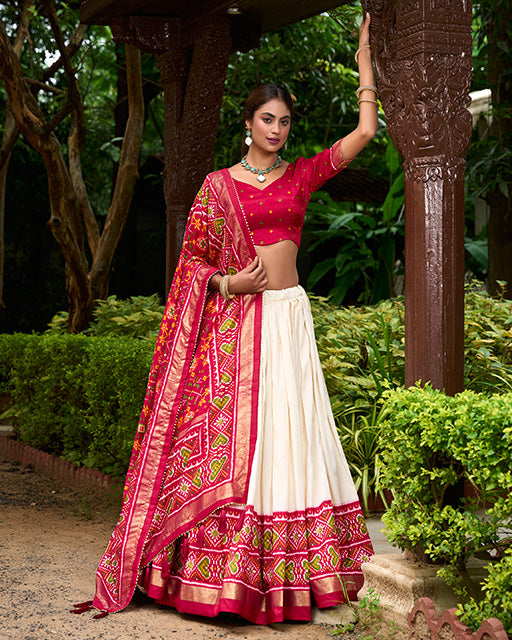 Red Color Tussar Silk Patola Printed Lehenga Choli