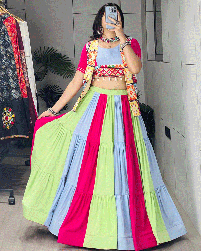 Vibrant Multi Color Kali Frilled Navratri Lehenga Choli