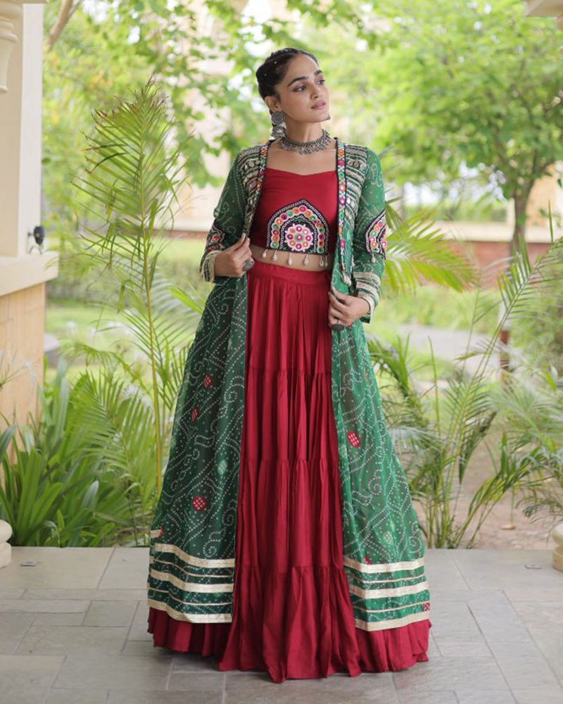 Red Color Bandhani Printed With Rayon Lehenga  Choli