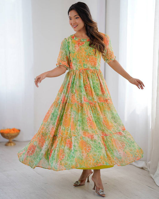 Lime Green Color Georgette Digital Printed Tunic