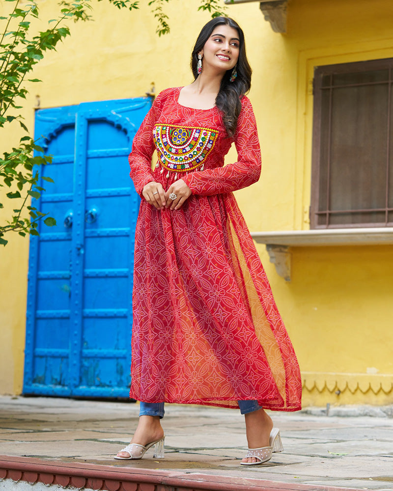 Festive Red Georgette Printed Kurti With Gamthi Patchwork
