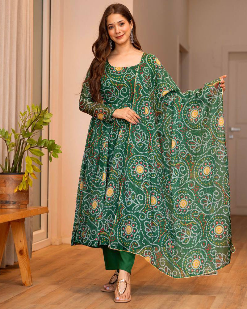 Green Color Bandhej Print Tabby Organza Anarkali Suit