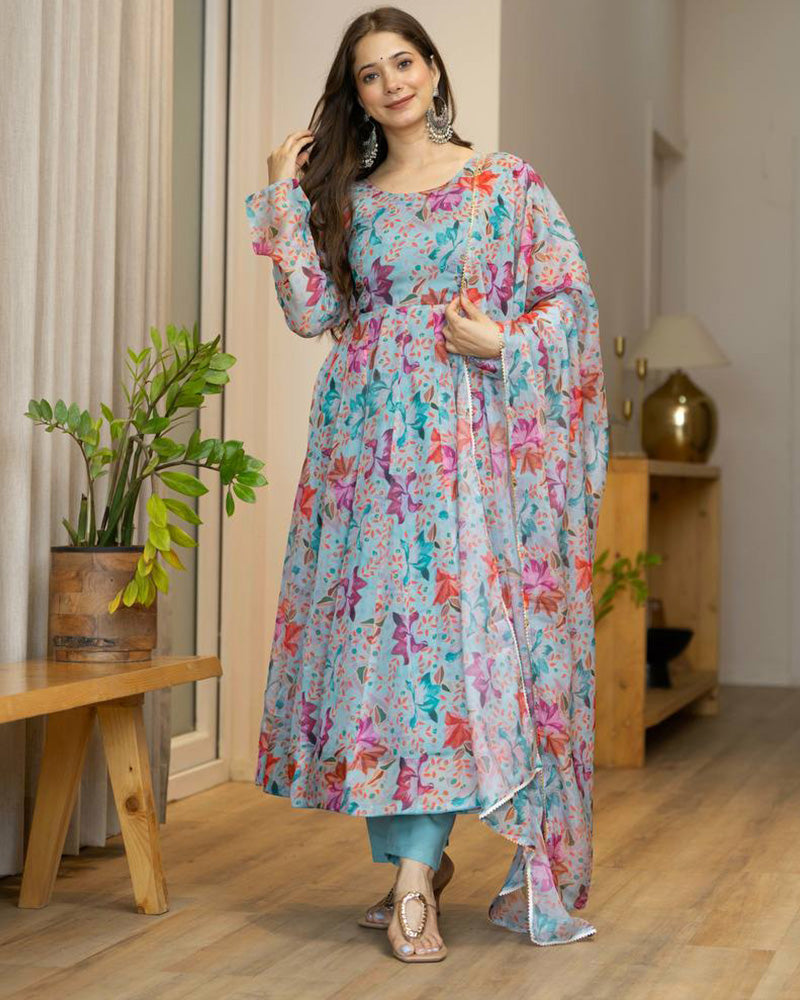 Firozi Color Digital Printed Organza Anarkali Suit